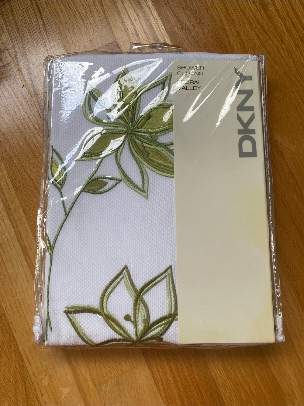DKNY Floral Valley White Shower Curtain with Olive Green Floral Embroidery